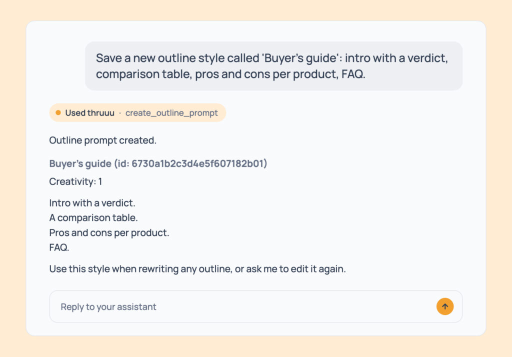 Prompt 100: Save your own outline style, shown in an AI assistant with the thruuu output