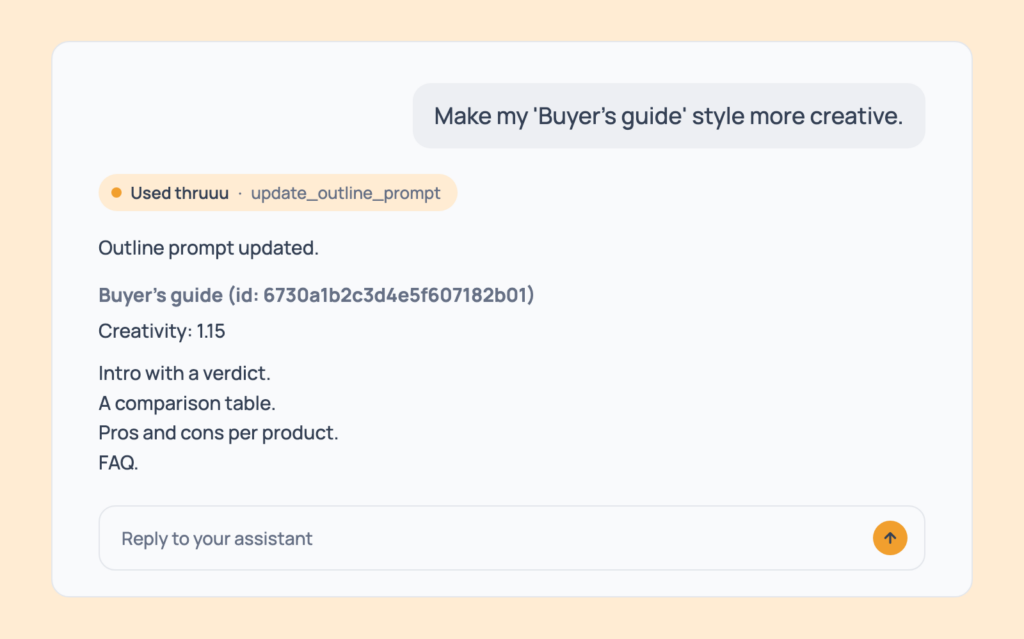 Prompt 101: Edit your own style, shown in an AI assistant with the thruuu output