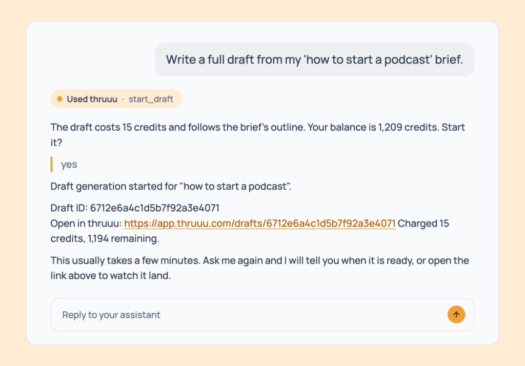 Prompt 103: Write a full draft, shown in an AI assistant with the thruuu output
