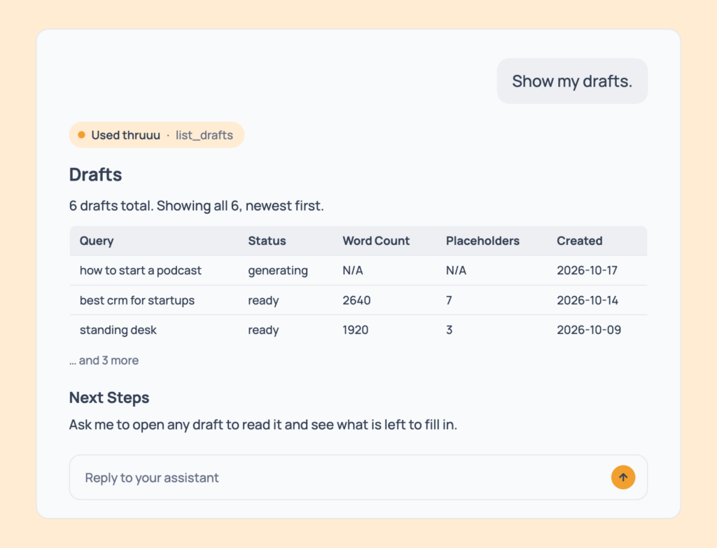 Prompt 104: List your drafts, shown in an AI assistant with the thruuu output