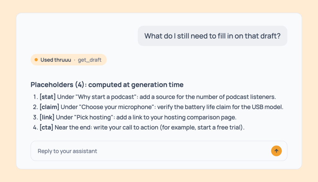Prompt 107: List what's left to fill in, shown in an AI assistant with the thruuu output