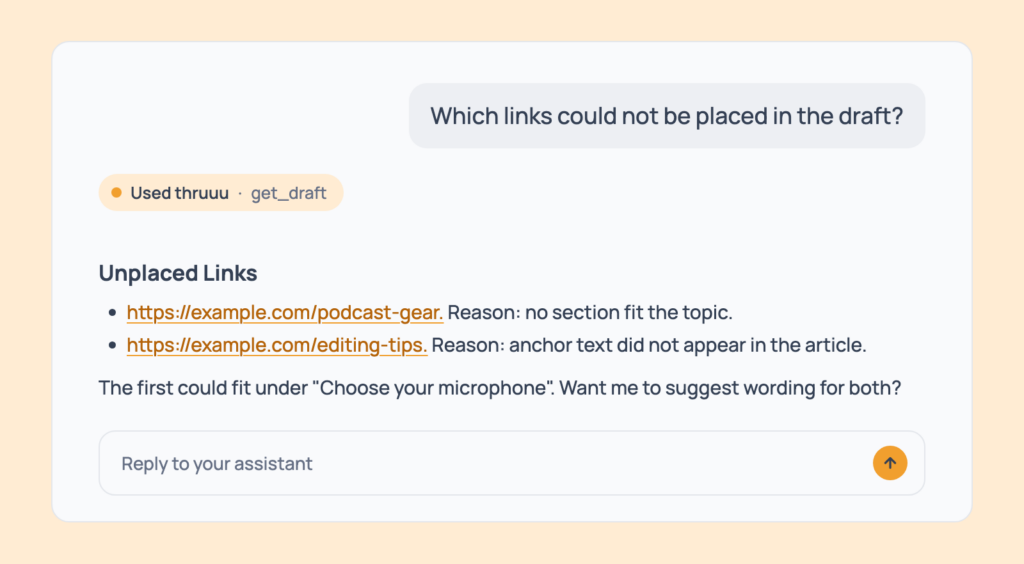 Prompt 108: Find the links the draft couldn't place, shown in an AI assistant with the thruuu output