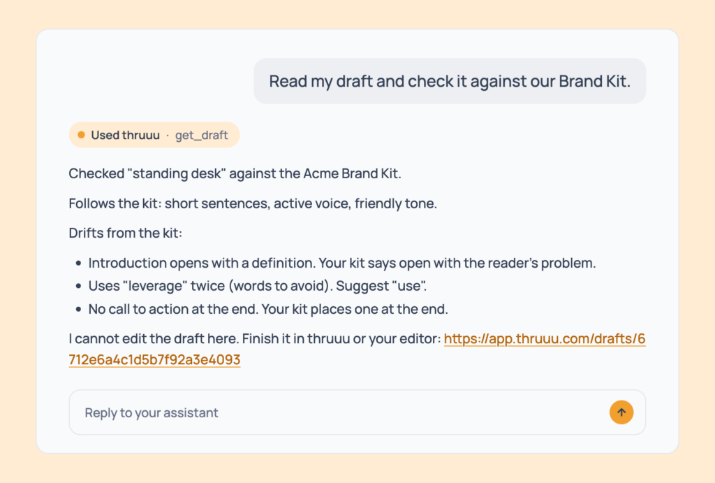 Prompt 109: Check a draft against your Brand Kit, shown in an AI assistant with the thruuu output