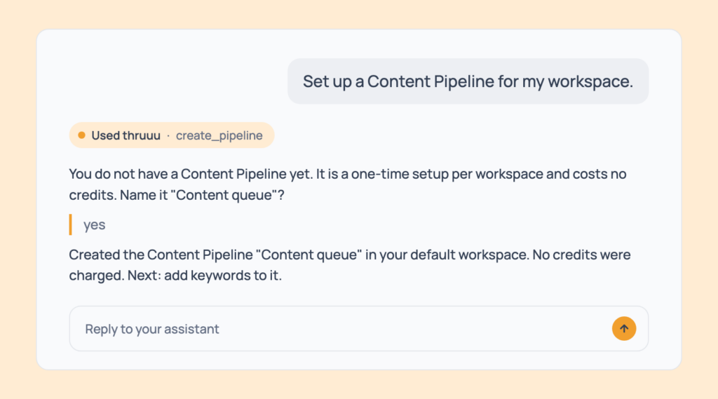 Prompt 110: Set up a Content Pipeline, shown in an AI assistant with the thruuu output