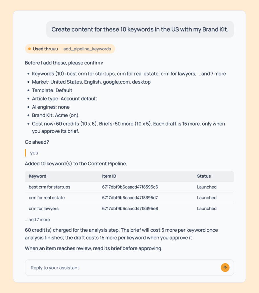 Prompt 111: Send a batch of keywords through the pipeline, shown in an AI assistant with the thruuu output