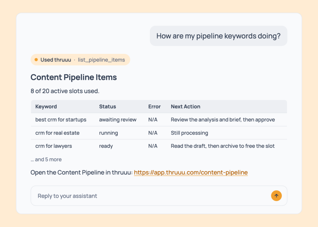 Prompt 114: Check the pipeline's progress, shown in an AI assistant with the thruuu output