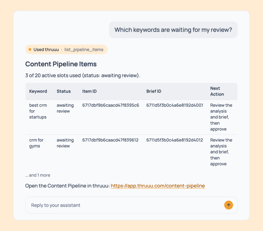 Prompt 115: See what's waiting for your review, shown in an AI assistant with the thruuu output