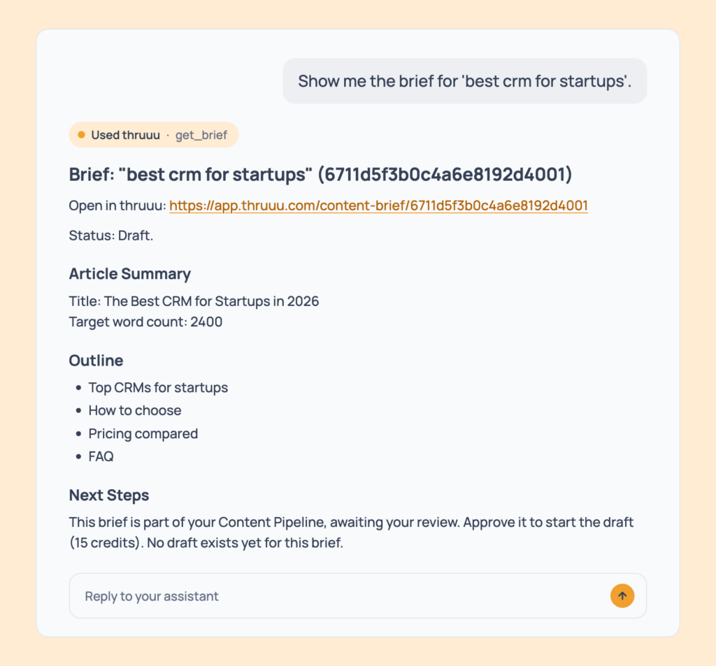 Prompt 116: Read a brief before you approve, shown in an AI assistant with the thruuu output