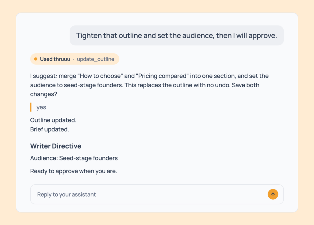 Prompt 117: Edit the brief at the review stop, shown in an AI assistant with the thruuu output