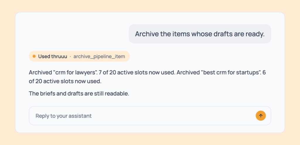Prompt 121: Archive finished items, shown in an AI assistant with the thruuu output