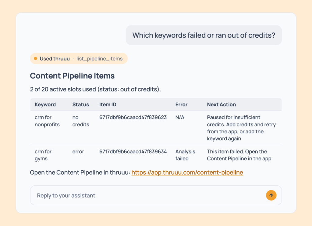 Prompt 123: Find failed or stuck keywords, shown in an AI assistant with the thruuu output