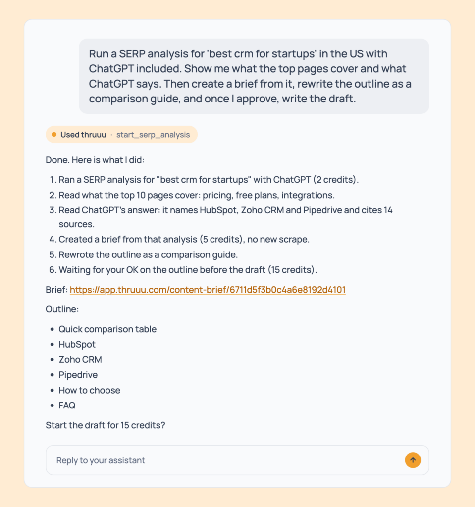 Prompt 124: Keyword to finished draft, shown in an AI assistant with the thruuu output