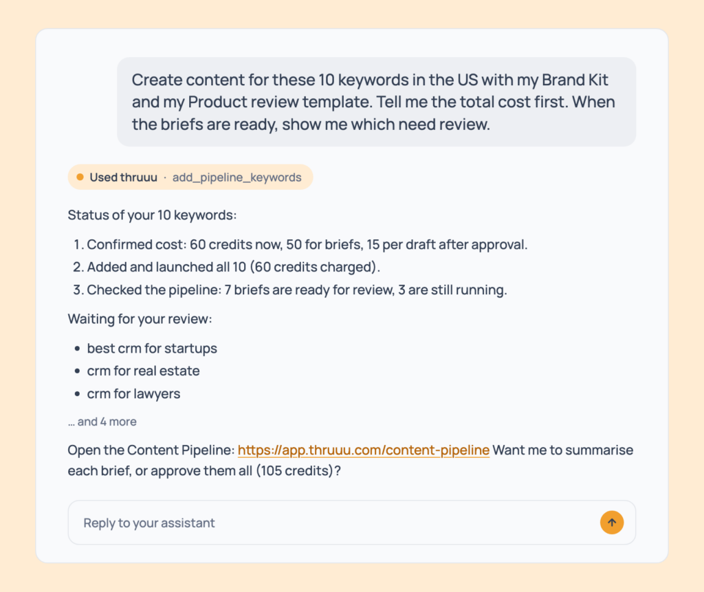 Prompt 125: Keywords to pipeline, review and drafts, shown in an AI assistant with the thruuu output