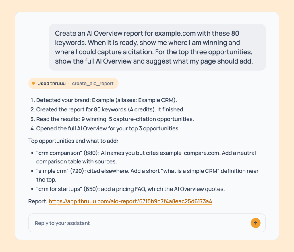 Prompt 127: AI Overview report to page fixes, shown in an AI assistant with the thruuu output
