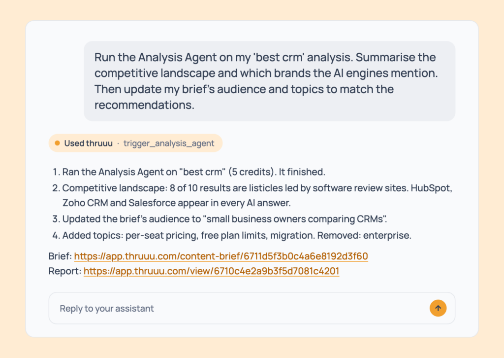 Prompt 128: Analysis Agent to brief update, shown in an AI assistant with the thruuu output