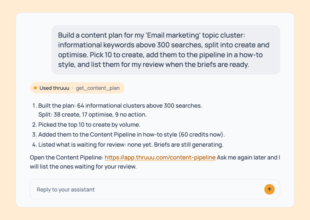Prompt 130: Plan a month of content, shown in an AI assistant with the thruuu output