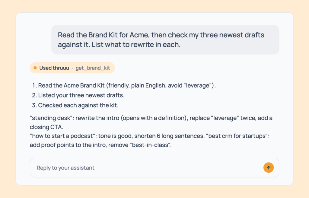 Prompt 132: Review drafts against the Brand Kit, shown in an AI assistant with the thruuu output