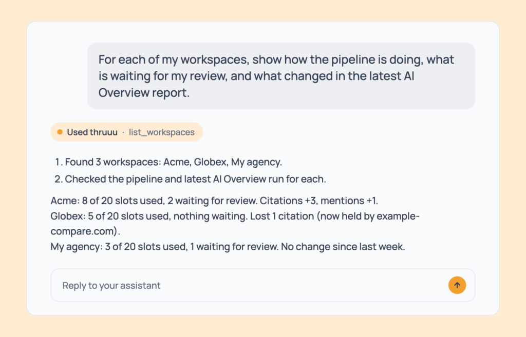 Prompt 133: Weekly agency check across clients, shown in an AI assistant with the thruuu output