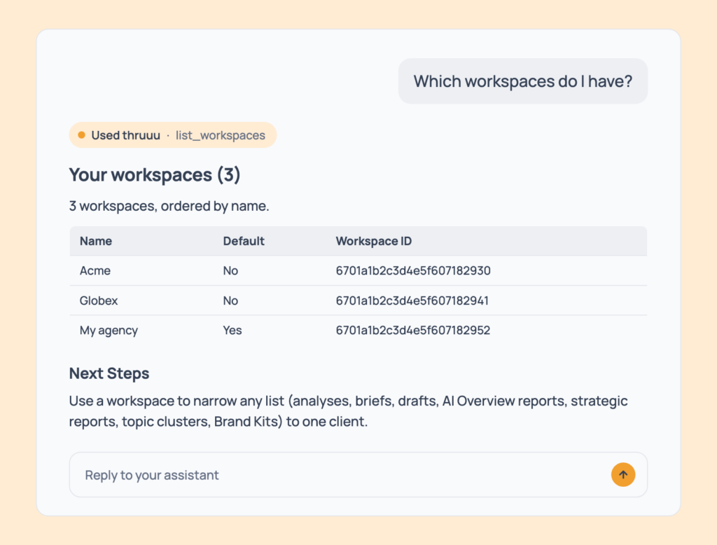 Prompt 137: List your workspaces, shown in an AI assistant with the thruuu output
