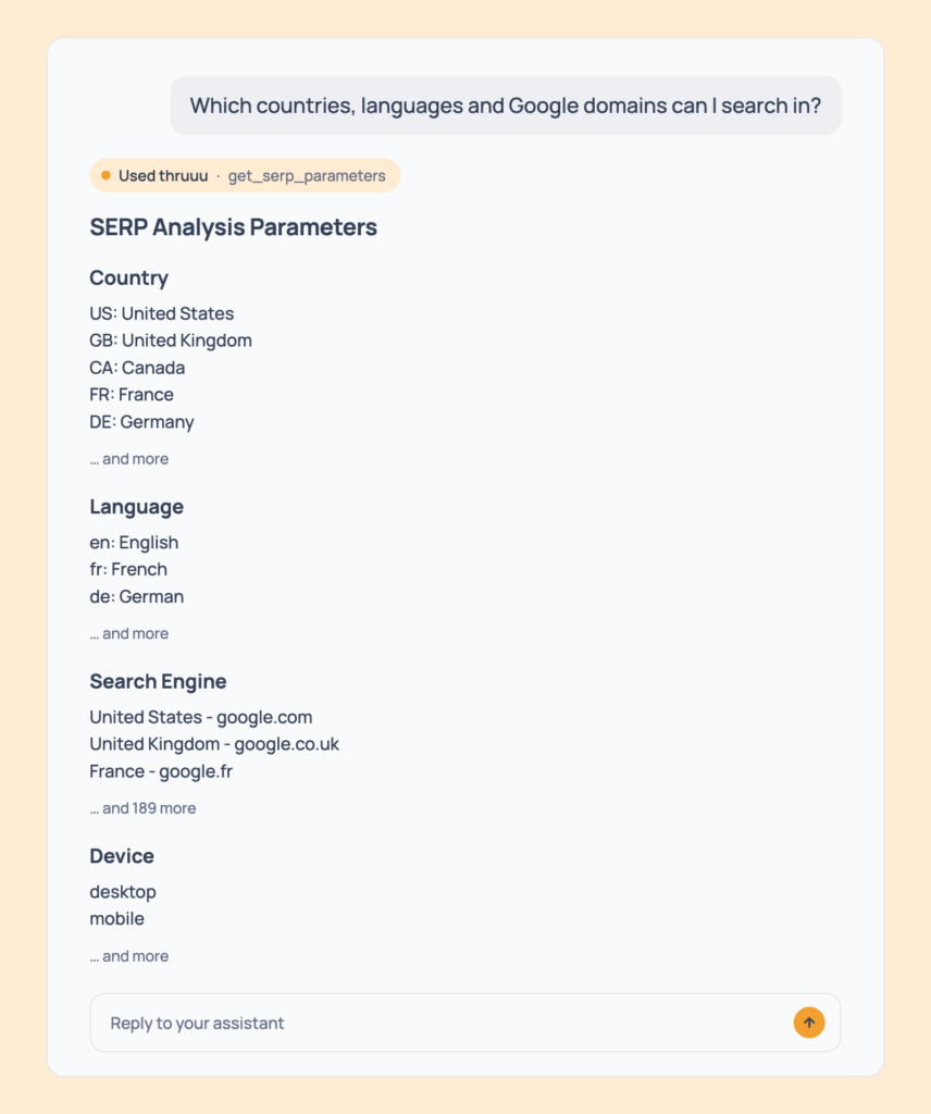 Prompt 138: List the markets you can search, shown in an AI assistant with the thruuu output
