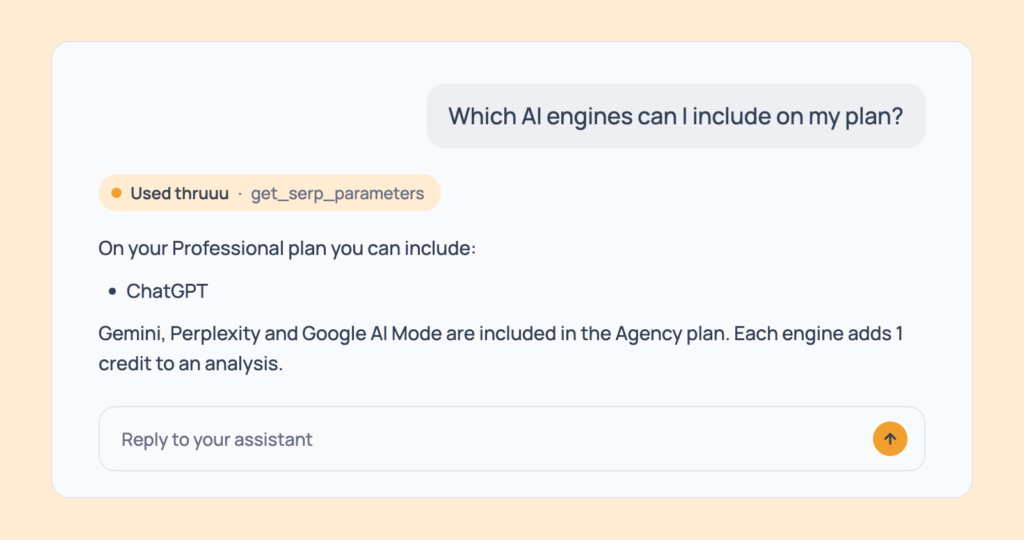 Prompt 139: Check which AI engines your plan includes, shown in an AI assistant with the thruuu output