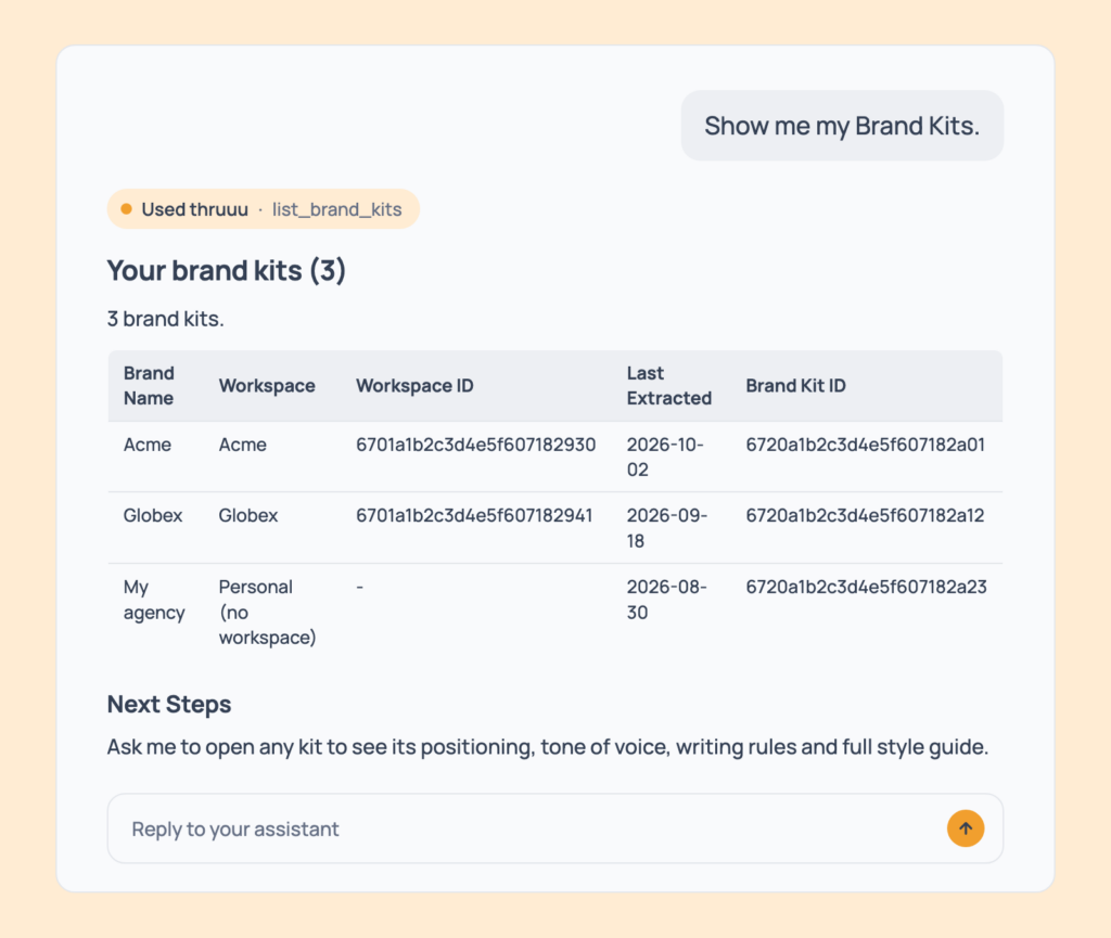 Prompt 140: List your Brand Kits, shown in an AI assistant with the thruuu output
