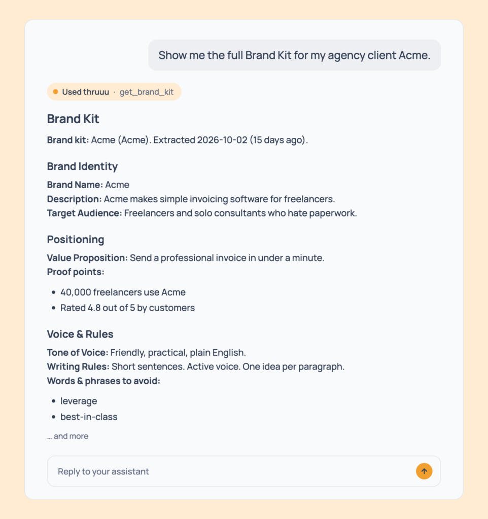 Prompt 141: Read a full Brand Kit, shown in an AI assistant with the thruuu output