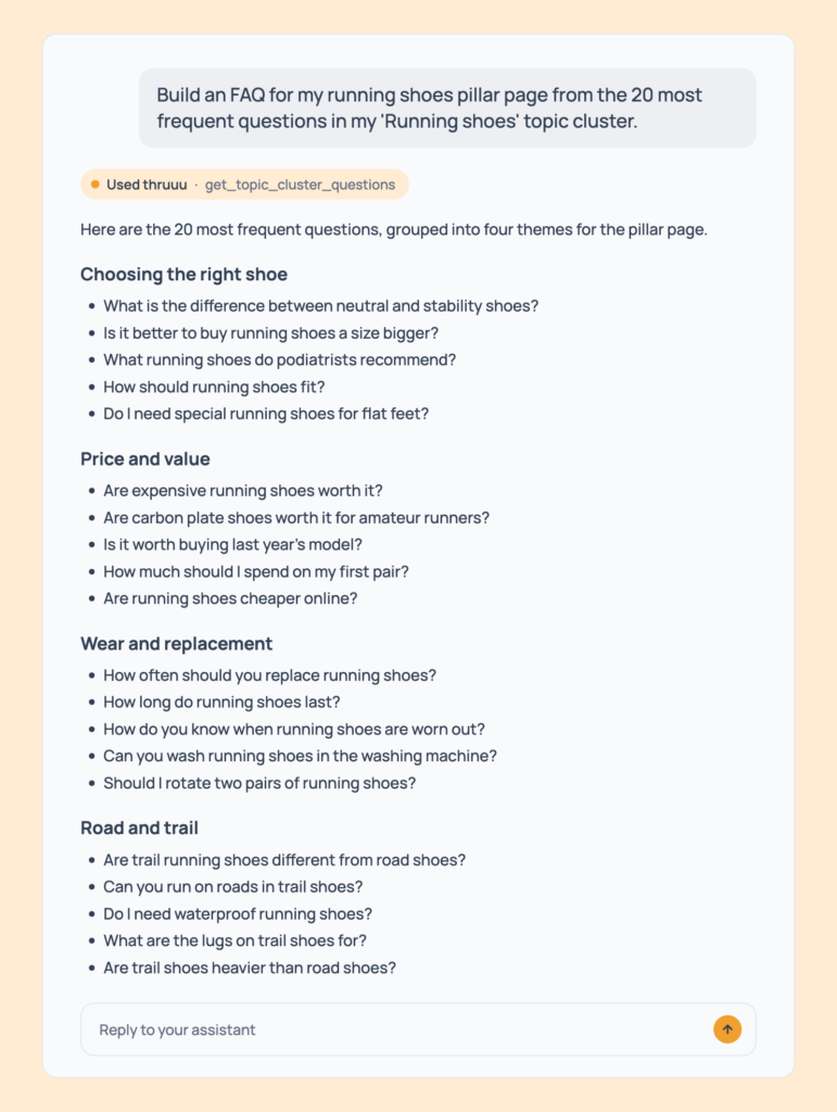 Prompt 76: Build an FAQ from the topic, shown in an AI assistant with the thruuu output