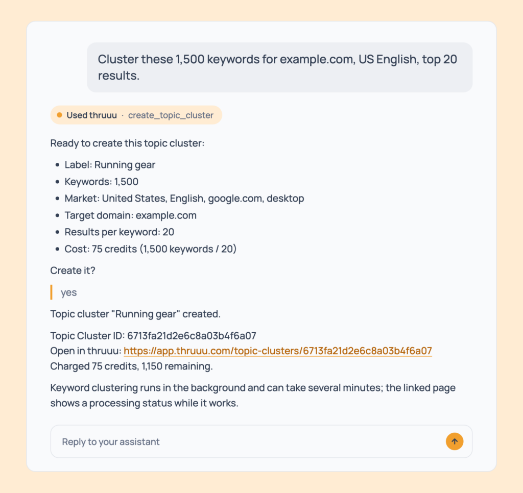 Prompt 57: Cluster a large keyword list, shown in an AI assistant with the thruuu output
