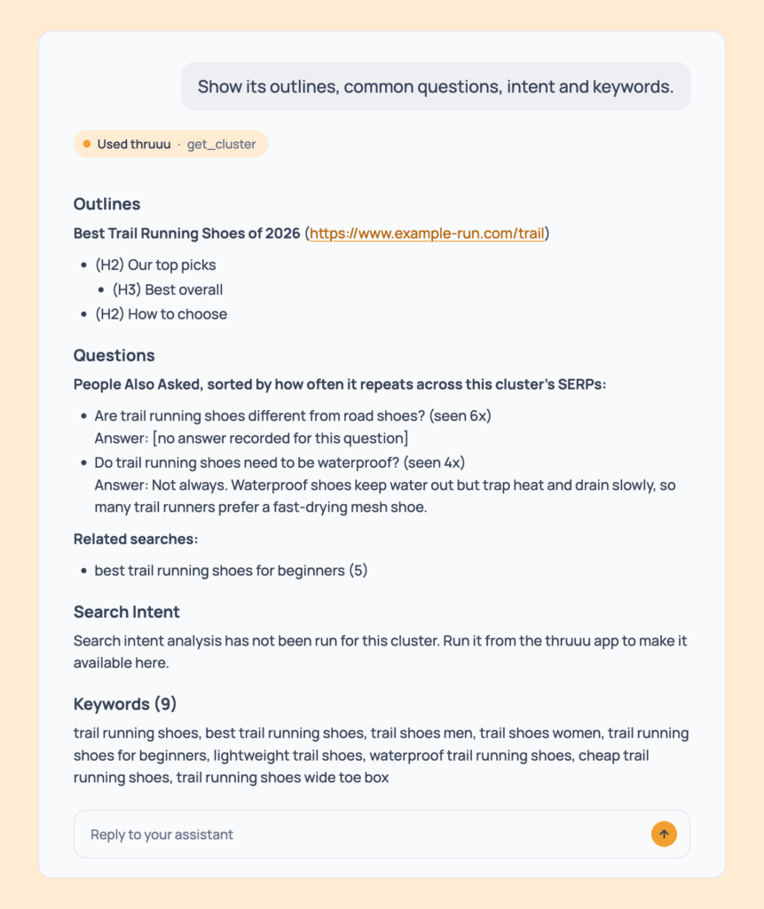 Prompt 71: Get a cluster's outlines, questions and keywords, shown in an AI assistant with the thruuu output