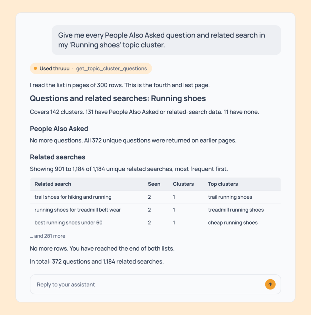 Prompt 74: Get every question and related search, shown in an AI assistant with the thruuu output