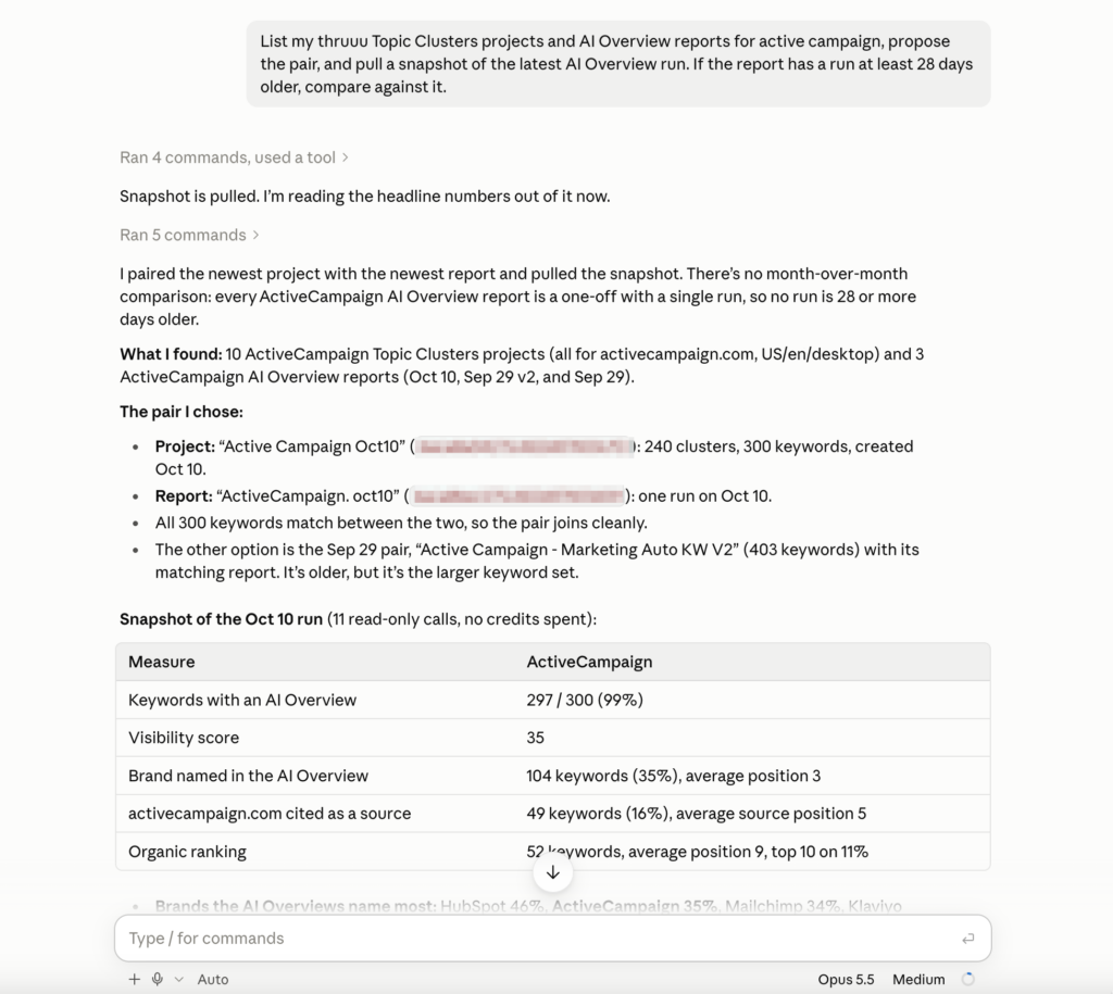 The agent pairing the Topic Clusters project with its AI Overview report