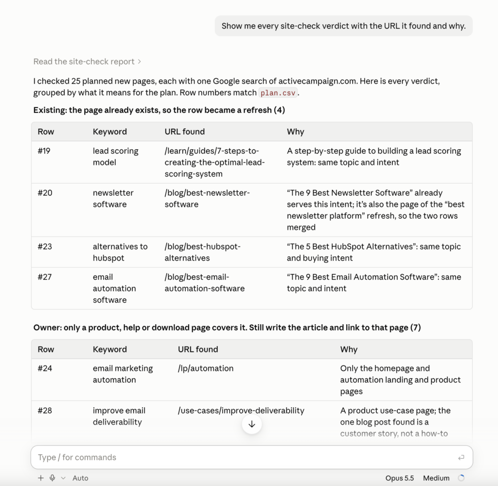 Site-check verdicts turning new pages into refreshes