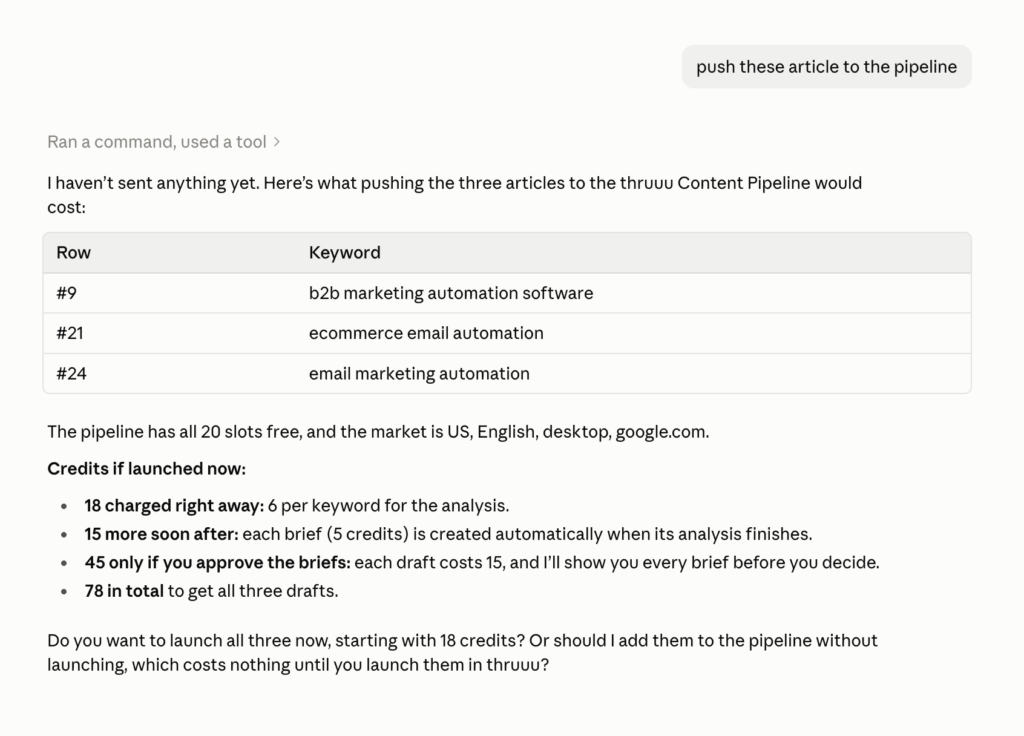 The agent asking whether to launch three articles